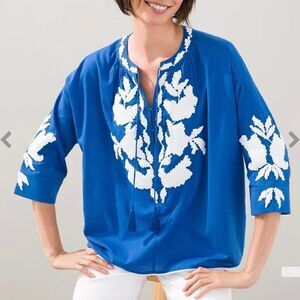 Chicos Tie Neck embroidered Peasant Top Blouse Size 1 Medium‎ 8/10 blue boho